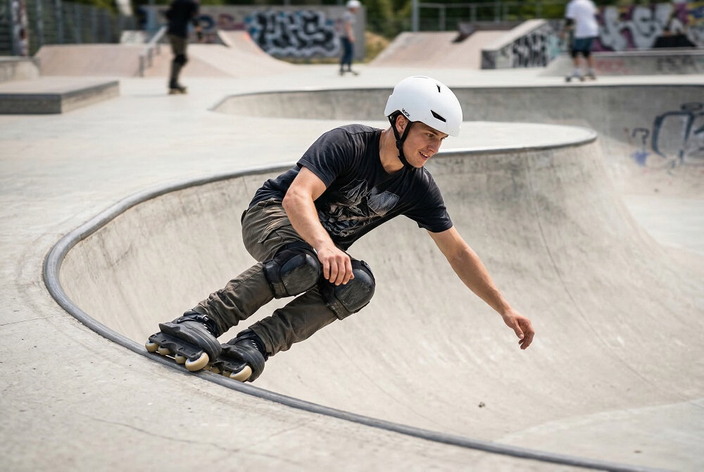 Osoba w białym kasku jeździ na rolkach w skateparku. W tle widoczne są rampy i graffiti.