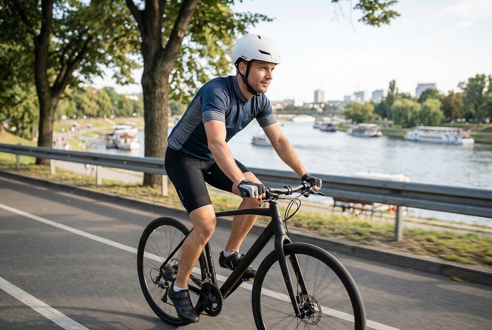 Osoba na rowerze jedzie wzdłuż rzeki, nosząc biały kask rowerowy. W tle widać drzewa, wodę i budynki.