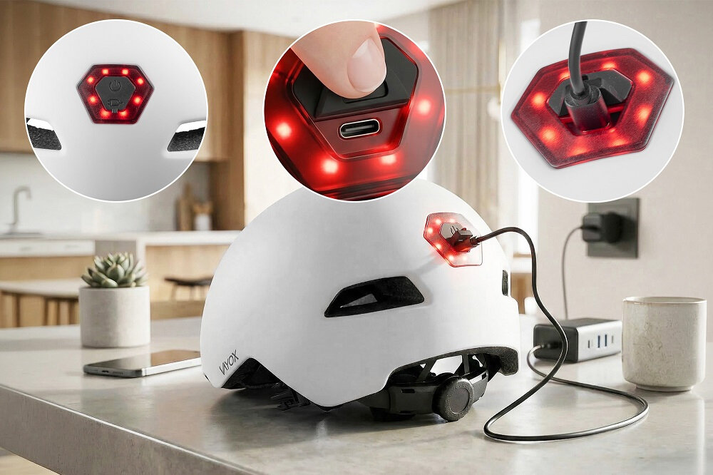 Biały kask rowerowy z lampką LED, ładowany za pomocą kabla USB. Na kasku widoczne jest logo \'VAYOX\'.
