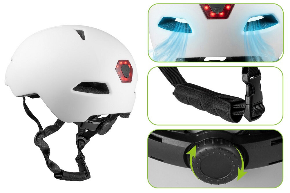 Biały kask rowerowy z czerwonym światłem z tyłu, posiada regulowany pasek z klamrą i pokrętło do dopasowania rozmiaru. Widoczne są również otwory wentylacyjne z niebieskim podświetleniem.