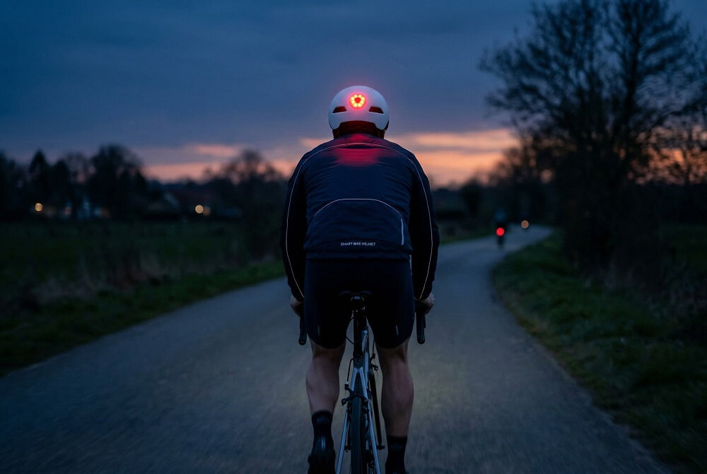 Osoba na rowerze nosi biały kask z wbudowaną lampką, jadąc po asfaltowej drodze o zmierzchu. W tle widać zarys drzew i niebo w odcieniach pomarańczowego i niebieskiego.