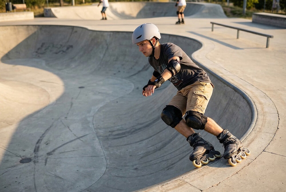 Osoba w kasku i ochraniaczach jeździ na rolkach w skateparku. W tle widać betonowe rampy i innych użytkowników skateparku.