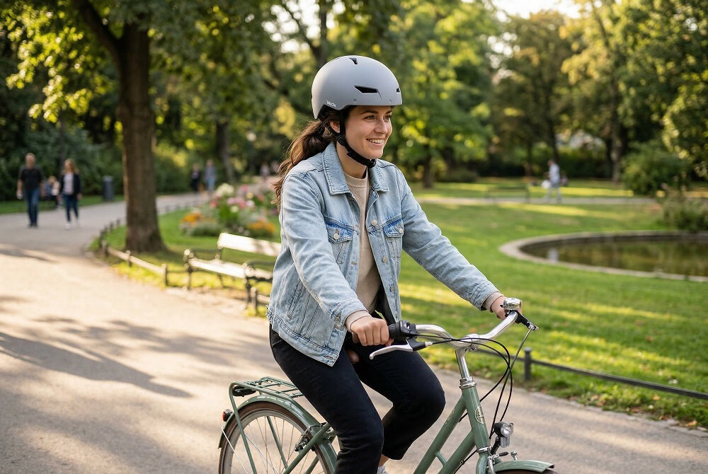 Osoba na rowerze w parku nosi szary kask rowerowy. W tle widać zieleń i alejki parkowe.