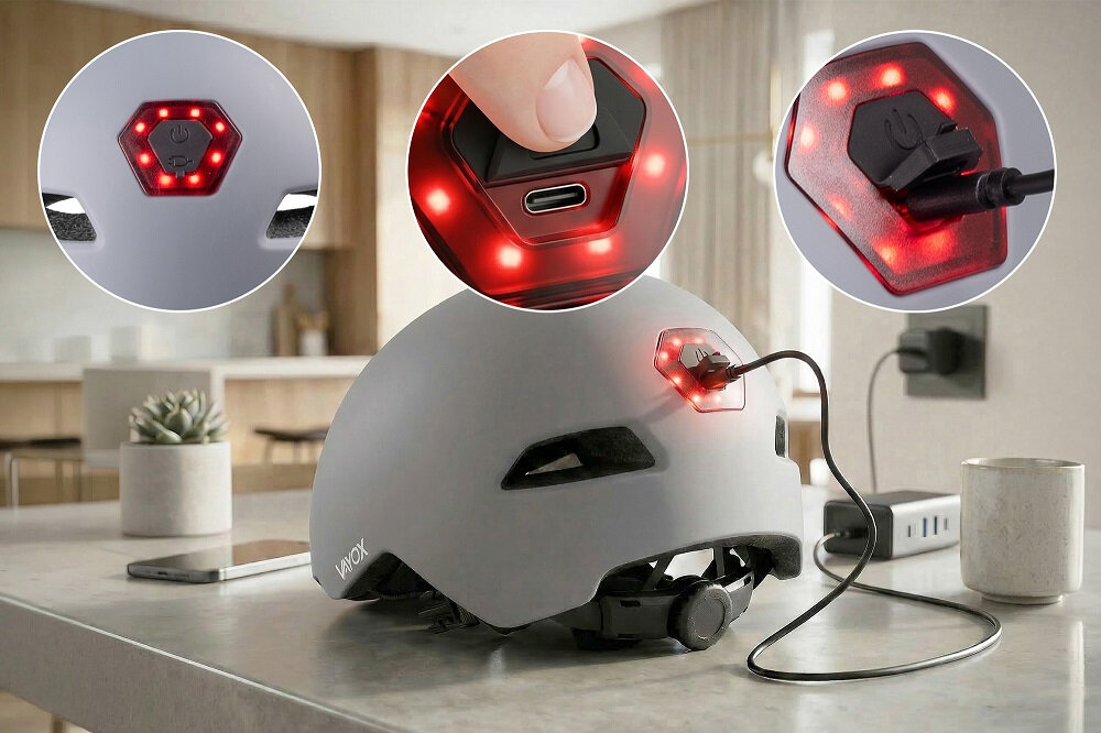 Szary kask rowerowy z lampką LED, ładowany za pomocą kabla USB. Na kasku widoczne jest logo \'VAYOX\'.