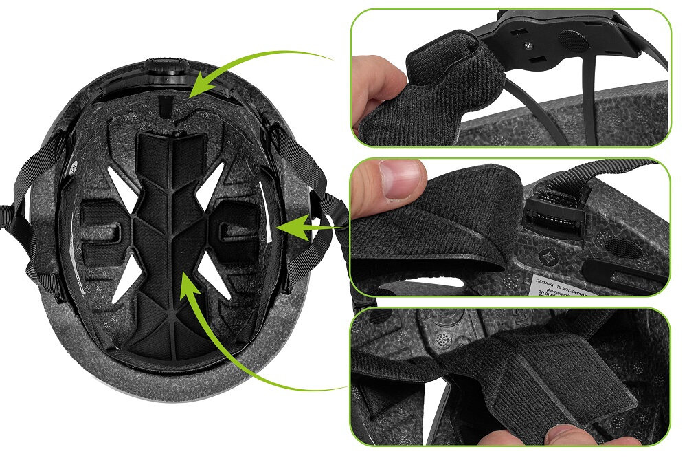 Zdjęcie przedstawia szary kask rowerowy z widocznym wnętrzem i elementami regulacyjnymi. W trzech mniejszych zdjęciach pokazano zbliżenia na mechanizm regulacji i wyściółkę kasku.