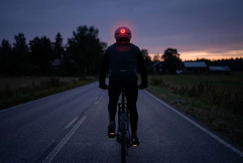 Osoba na rowerze jedzie po pustej drodze o zmierzchu, mając na głowie kask z włączoną lampką. W tle widać zarysy drzew i budynków na tle zachodzącego słońca.