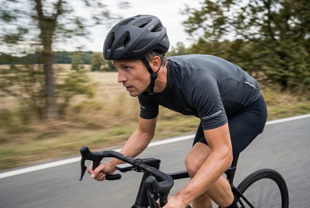 Osoba na rowerze nosi czarny kask rowerowy. W tle widać rozmyty krajobraz z drzewami i polem.