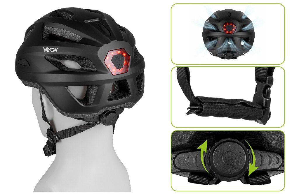 Czarny kask rowerowy z lampką z tyłu, widoczny na manekinie. Logo \'VAYOX\' znajduje się z boku, a obok pokazane są szczegóły zapięcia i regulacji.