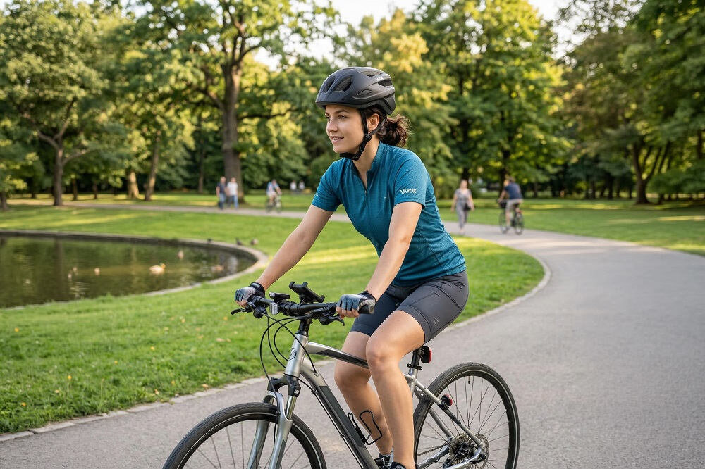 Osoba na rowerze w parku, nosząca czarny kask rowerowy. W tle widoczne są drzewa i inni rowerzyści.