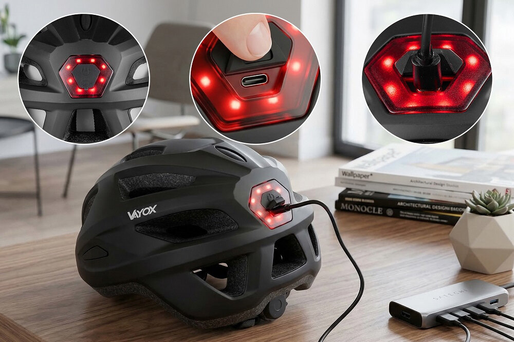 Czarny kask rowerowy z lampką LED, z logo \'VAYOX\' na boku. Widać zbliżenia na lampkę z czerwonymi diodami oraz port ładowania.