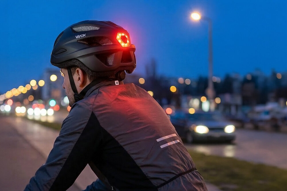 Osoba na rowerze nosi czarny kask z włączoną czerwoną lampką z tyłu. Na kasku widoczne jest logo \'VAYOX\'.