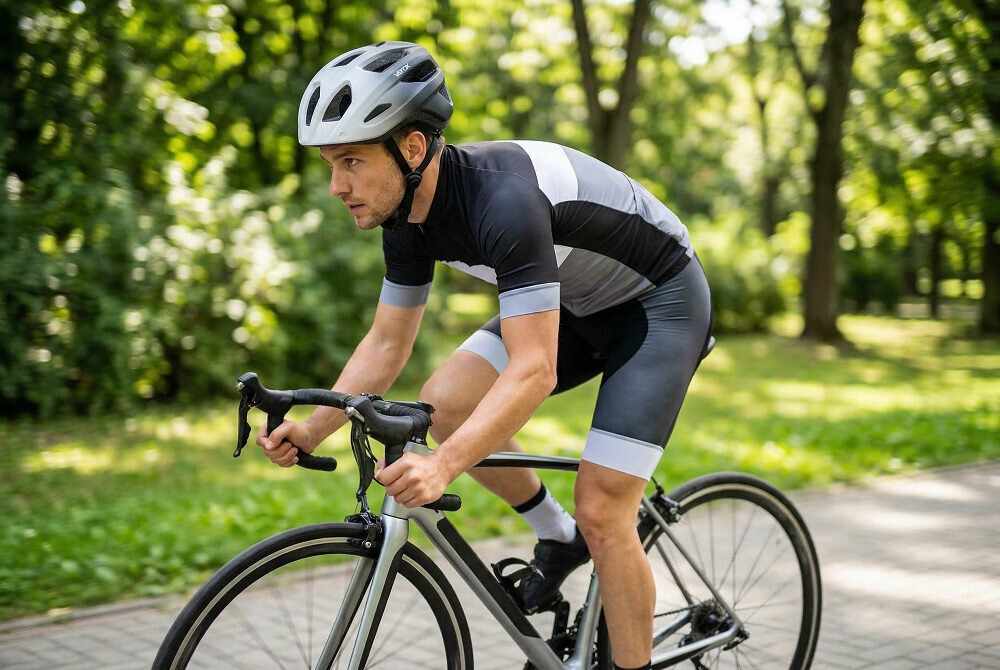Osoba na rowerze w kasku rowerowym, ubrana w czarno-szary strój sportowy, jedzie po ścieżce w parku. W tle widoczne są drzewa i trawa.