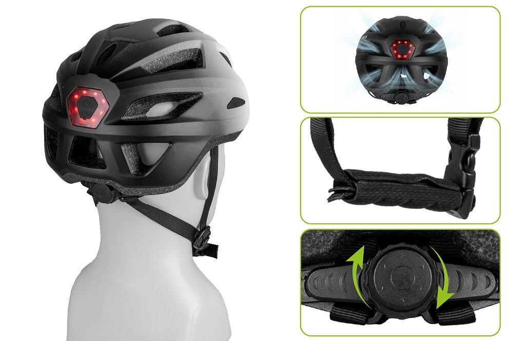 Kask rowerowy w kolorze biało-czarnym z zamontowaną z tyłu lampką LED. Obok widoczne są zbliżenia na zapięcie paska oraz mechanizm regulacji rozmiaru.