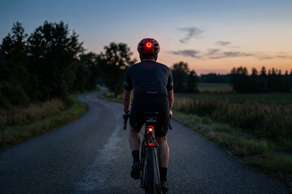 Osoba na rowerze jedzie po wiejskiej drodze o zmierzchu, mając na głowie kask z włączoną lampką. W tle widać drzewa i niebo z zachodzącym słońcem.