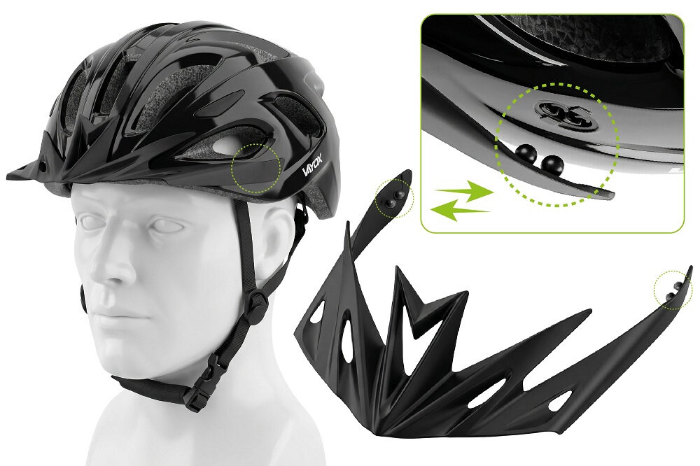 Czarny kask rowerowy z napisem \'VAYOX\' na boku, umieszczony na manekinie. Obok widoczny jest zdejmowany daszek oraz zbliżenie na mechanizm mocujący.