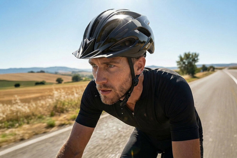 Osoba na rowerze nosi czarny kask rowerowy z napisem \'VAYOX\'. W tle widać otwartą przestrzeń z polami i drogą.