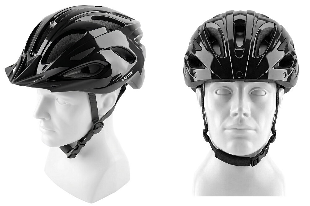 Czarny kask rowerowy z napisem \'VAYOX\' widoczny z boku i z przodu, umieszczony na białym manekinie. Kask posiada otwory wentylacyjne i regulowany pasek pod brodą.