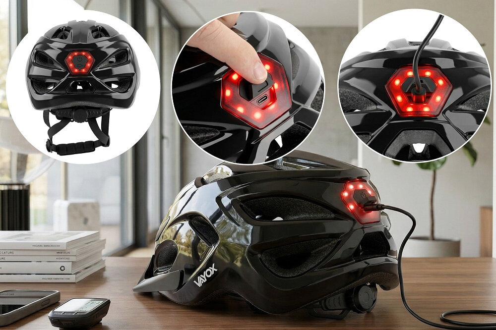 Czarny kask rowerowy z czerwonymi światłami LED z tyłu, z logo \'VAYOX\'. Kask jest pokazany z różnych perspektyw, w tym zbliżenie na port ładowania i przycisk włączania świateł.