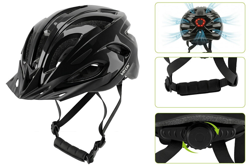 Czarny kask rowerowy z napisem \'VAYOX\' posiada otwory wentylacyjne i regulowane paski. Na dodatkowych zdjęciach widoczna jest lampka z tyłu kasku oraz mechanizm regulacji rozmiaru.