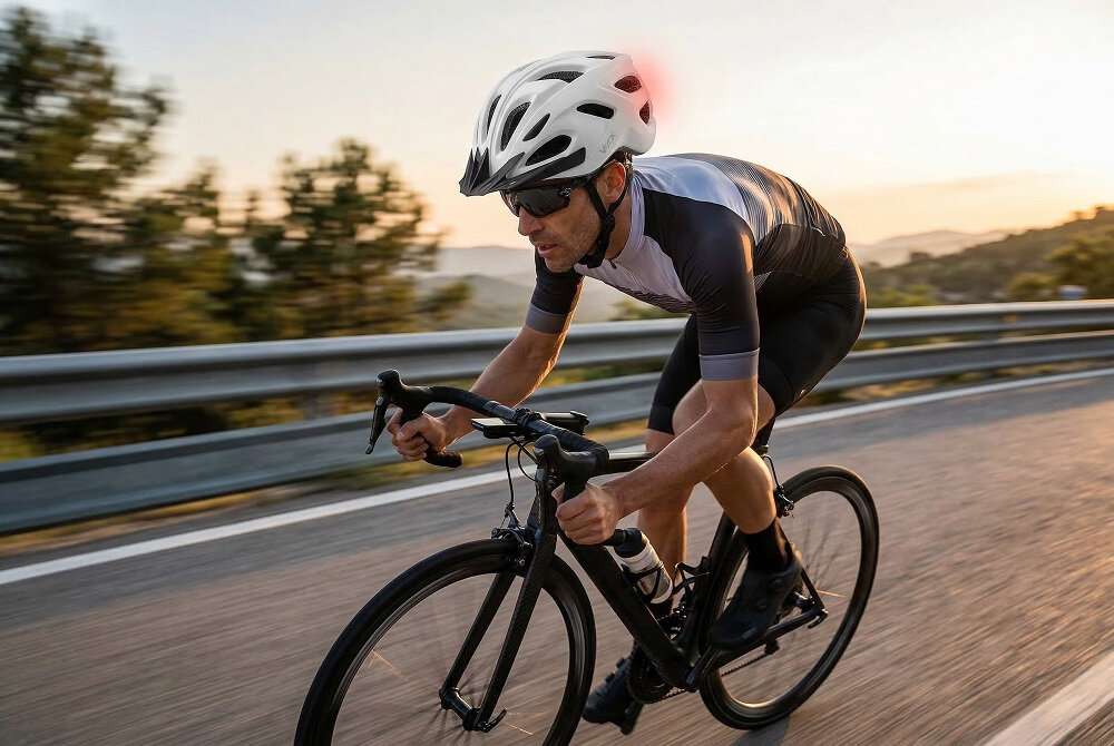 Osoba na rowerze szosowym w białym kasku jedzie po asfaltowej drodze. W tle widać barierkę ochronną i drzewa.