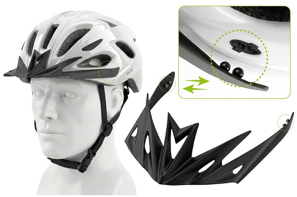 Biały kask rowerowy z czarnymi elementami, założony na manekina, z widocznym logo \'VAYOX\'. Obok kasku znajduje się czarny daszek z otworami oraz zbliżenie na mechanizm mocujący.