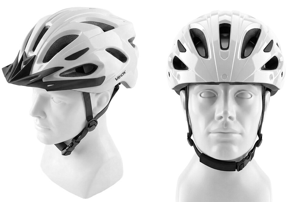 Biały kask rowerowy z czarnymi elementami, umieszczony na manekinie. Na kasku widoczne jest logo \'VAYOX\'.