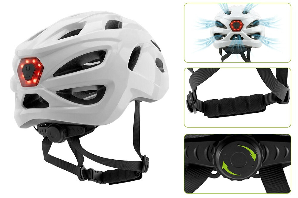 Biały kask rowerowy z czerwonym światłem LED z tyłu, posiada regulowane paski i system wentylacji. Widoczne są również detale mechanizmu regulacji rozmiaru z zielonymi strzałkami wskazującymi kierunek obrotu.