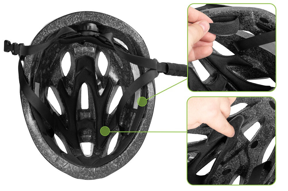 Zdjęcie przedstawia wnętrze kasku rowerowego z widocznymi paskami i systemem regulacji. Dwa zbliżenia pokazują szczegóły mocowania pasków wewnątrz kasku.