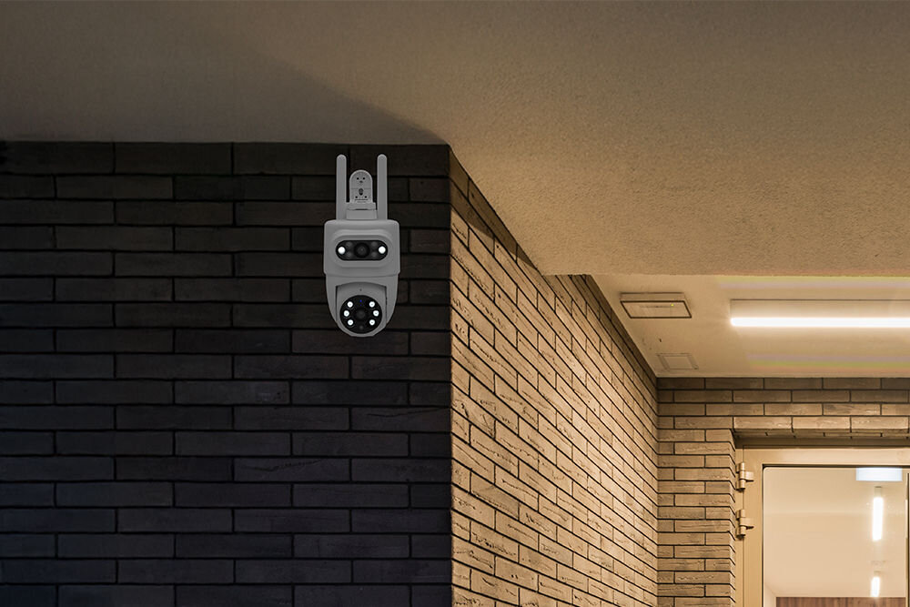 Kamera SETTI+ SC762 3MP+3MP 2K w ciemności zamocowana przy wejściu do domu 2 niezależne obiektywy śledzenie ruchu ciągły monitoring rozdzielczość 2K wyraźny obraz szczegółowy obraz