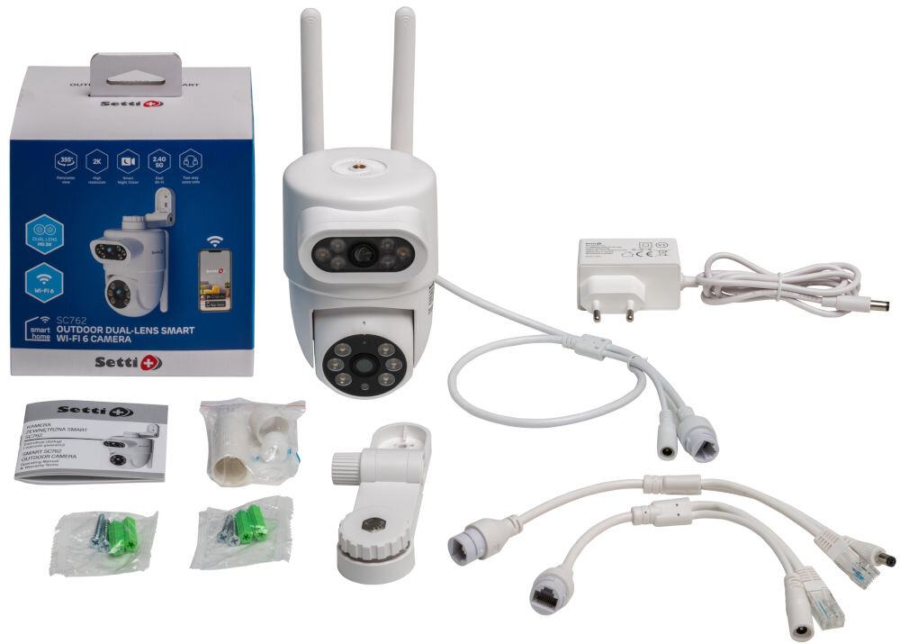 Kamera SETTI+ SC762 3MP+3MP 2K uchwyt zasilacz adapter PoE elementy montażowe instrukcja