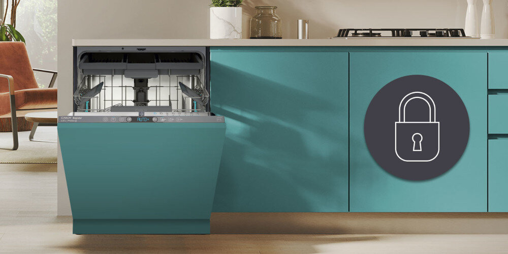 ZMYWARKA CANDY CI 4C4F1A RAPIDO zdjęcie lifestyle kuchnia zabudowa otwarta wnętrze kosze ikona kłódka Blokada rodzicielska zablokowanie panelu zmiany ustawień Bezpieczeństwo dzieci ochrona