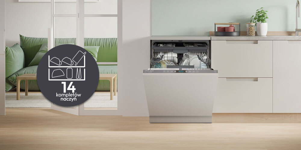 ZMYWARKA CANDY CI 4C4F1A RAPIDO zdjęcie lifestyle ikona grafika otwarta zapełniona wnętrze naczynia załadunek oszczędność miejsca duża pojemność akcesoria duże naczynia szuflada na sztućce 14 kompletów naczyń