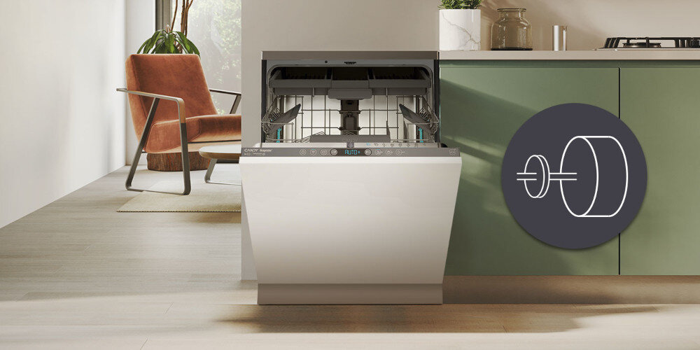 ZMYWARKA CANDY CI 4C4F1A RAPIDO zdjęcie lifestyle ikona grafika kuchnia zabudowa zmywarka zamknięta front silnik inwerterowy cicha stabilna praca mniej wibracji długa żywotność oszczędności lepsze efekty