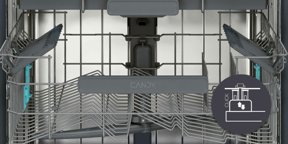 ZMYWARKA CANDY CI 4C4F1A RAPIDO wizualizacja wnętrze bez załadunku logo uchwyty podpórki ikona szuflada Easy Click Regulacja górnego kosza szybko wygodnie regulacja wysokości Intuicyjne przyciski
