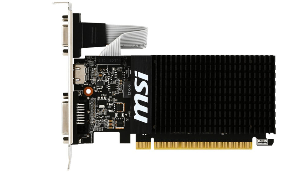Na obrazie widoczna jest karta graficzna z dużym radiatorem i logo \'msi\'. Karta posiada złącza DVI i HDMI oraz złote styki PCIe.