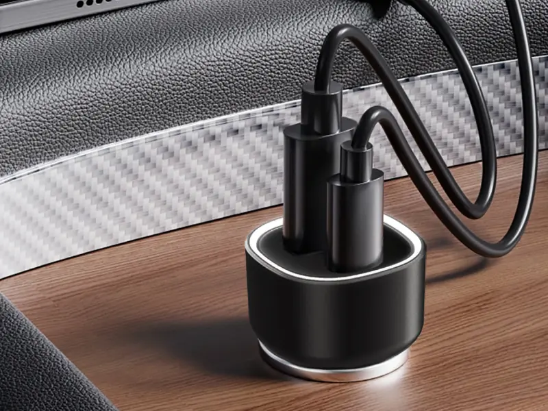 Czarna ładowarka samochodowa z dwoma kablami USB-A i USB-C, umieszczona na drewnianej powierzchni, z widocznym elementem z teksturą przypominającą włókno węglowe w tle.