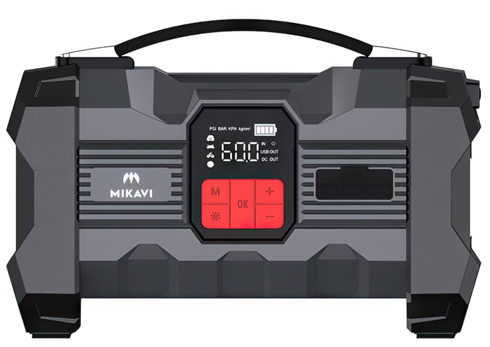 Urządzenie rozruchowe MIKAVI Enerjump 2 urządzenie widoczne od przodu przenośny booster wysoki prąd rozruchowy port USB wbudowana latarka LED