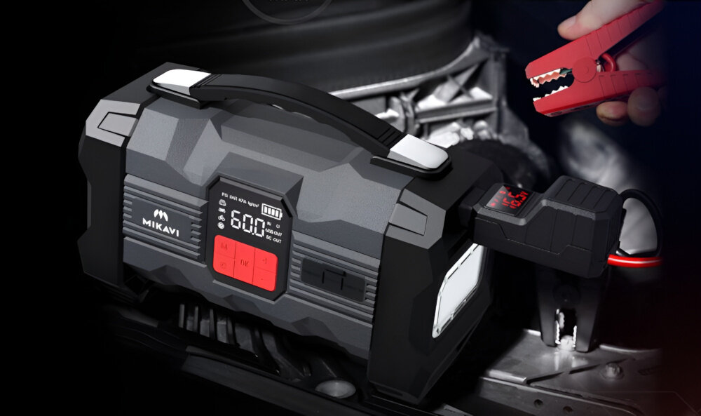 Urządzenie rozruchowe MIKAVI Enerjump 2 urządzenie z podłączonymi kablami do akumulatora wsparcie w przypadku rozładowanego akumulatora prąd szczytowy 3000 A do pojazdów z instalacją 12 V kompatybilne ze wszystkimi silnikami benzynowymi i z silnikami diesla o pojemności do 8 litrów wsparcie w sytuacji awaryjnej