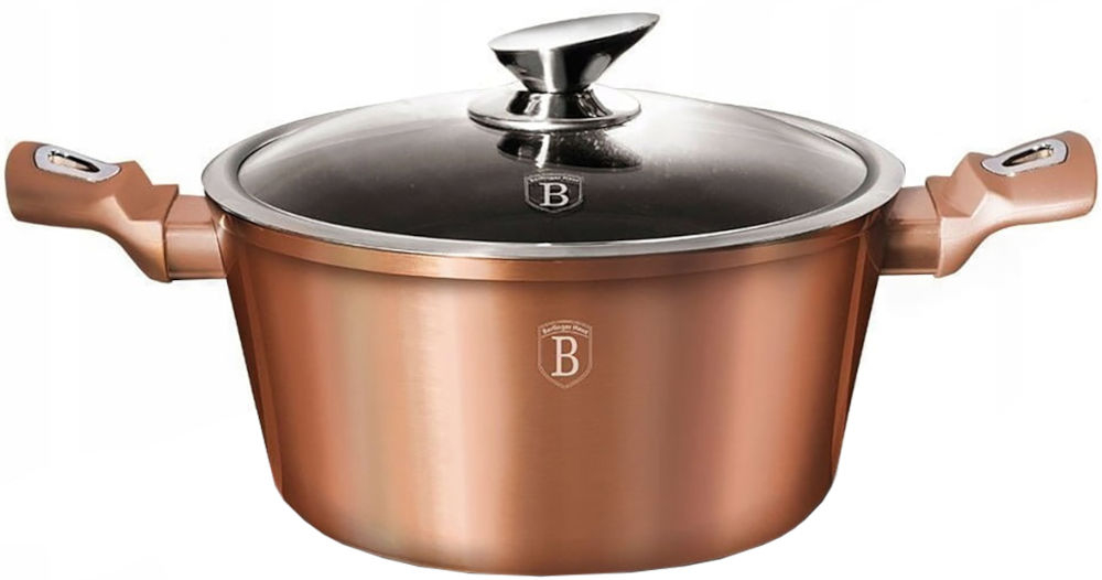 Garnek BERLINGER HAUS Rose Gold BH-1516 28 cm  niedziany garnek uchwyty pokrywka srebrne elementy białe tło możliwość mycia w zmywarce wysoka jakość materiałów odporność na wysokie temperatury intensywne użytkowanie powłoka marmurowa łatwe usuwanie przypaleń 