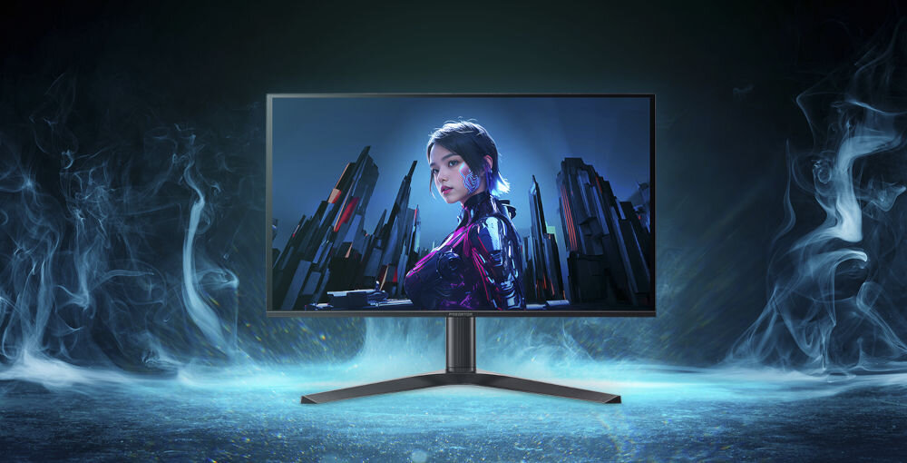 Monitor ACER Predator X27UZ1BMIIPRX 26.5 cala 2560x1440px OLED 280Hz 0.03 [GTG] prezentacja monitora na niebieskim tle z elementami dymu Quantum Dot OLED 1,07 miliarda kolorów 99% przestrzeni DCI-P3 certyfikat DisplayHDR™ True Black 400 QD-OLED świetny kontrast