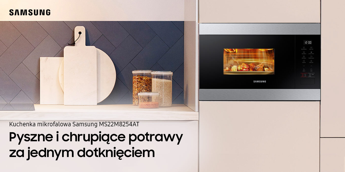 Dostępna w sieci Media Expert kuchenka mikrofalowa Samsung MS22M8254AT z czarnym frontem i srebrną ramką