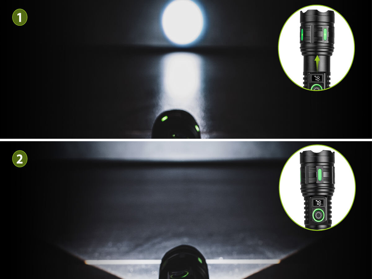 Latarka taktyczna VAYOX VA0364, Dostosuj światło do sytuacji, Wizualizacja działania i regulacji światła punktowego i szerokiego