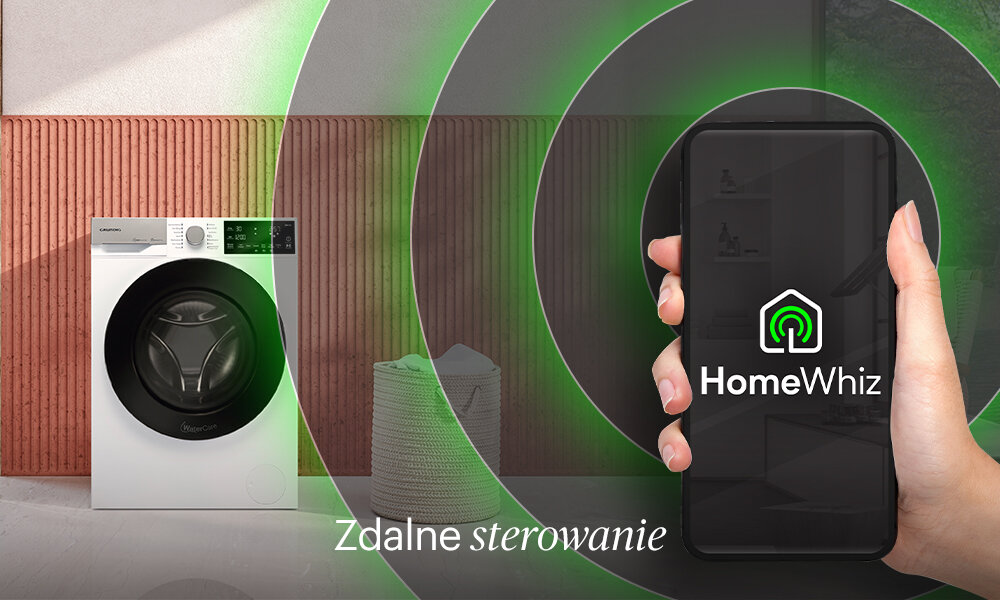 PRALKA GRUNDIG GW9P69416W Na grafice 4.jpg pokazano pralkę Grundig zarządzaną zdalnie za pomocą aplikacji HomeWhiz, symbolizowaną przez smartfon trzymany w dłoni i zielone fale zasięgu. W dolnej części umieszczono napis „Zdalne sterowanie”, podkreślający możliwość obsługi urządzenia przez aplikację zdalne sterowanie smartfon uruchamianie programów kontrola postępu dodatkowe opcje