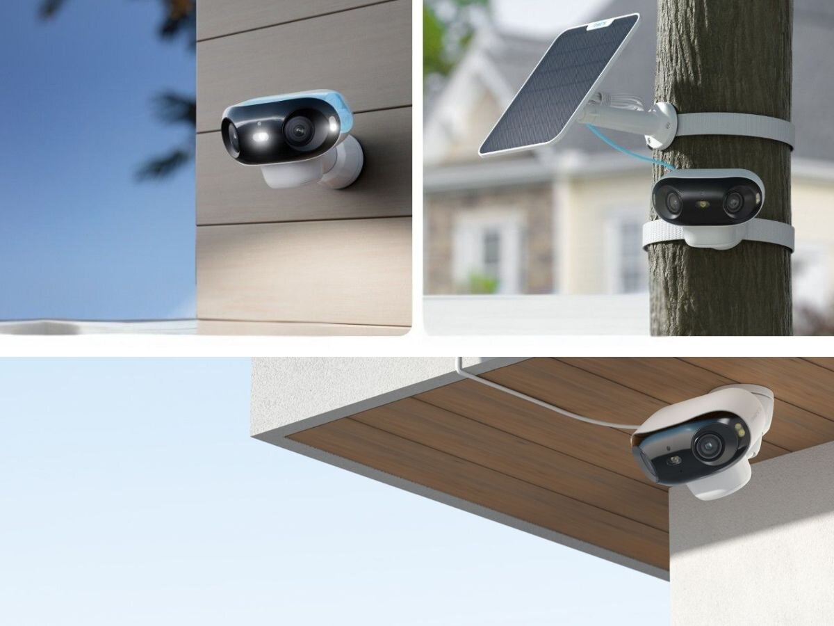 REOLINK Argus Series B740X akumulator bezprzewodowe bez konieczności instalacji okablowania panel słoneczny - kamera zamontowana pod dachem, na rogu budynku i z solarem na słupie