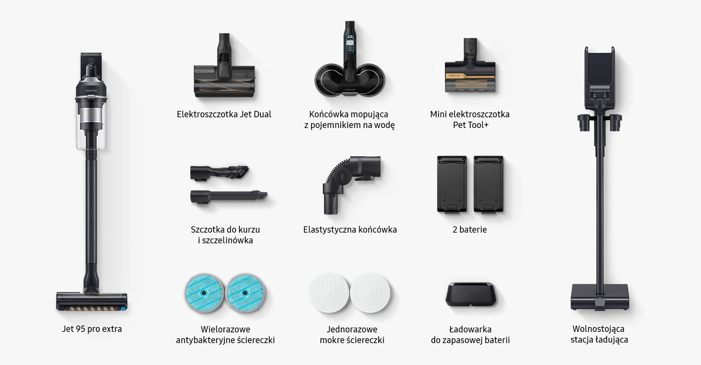 Na zdjęciu widoczne są wszystkie dodatki do odkurzacza Samsung VS20C9557TK/GE Na zdjęciu widoczne są wszystkie dodatki do odkurzacza Samsung VS20C9557TK/GE