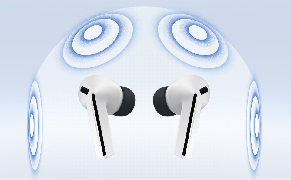 Galaxy Buds3 FE wewnątrz kuli z czterema pierścieniami dźwiękowymi symbolizującymi dźwięk 360.