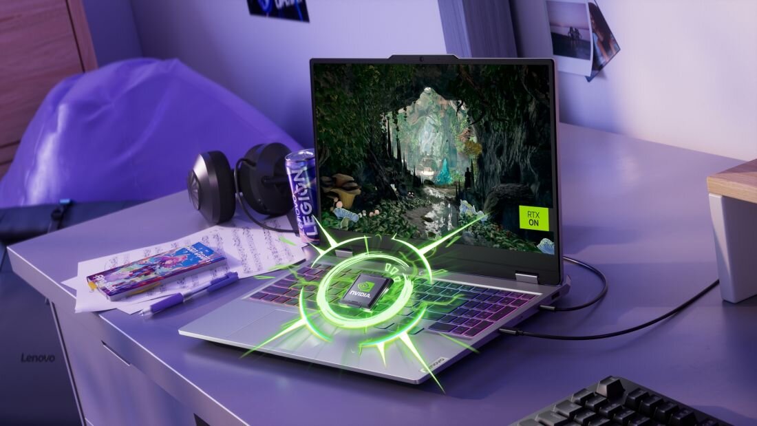 Laptop gamingowy LENOVO LOQ na białym biurku z fioletowym podświetleniem LED na stanowisku gracza, wyświetlający magiczną krainę fantasy z grotą pełną roślinnością i świecącym tunelem, holograficzne logo NVIDIA w zielonej poświacie nad klawiaturą RGB, znaczek RTX ON w prawym górnym rogu ekranu, słuchawki z opaską LEGION, mechaniczna klawiatura, manga i notes z notatkami, urządzenie dla entuzjastów gier i technologii ray tracing - NVIDIA GeForce RTX, Pamięć GDDR7, Ray Tracing i DLSS 4 