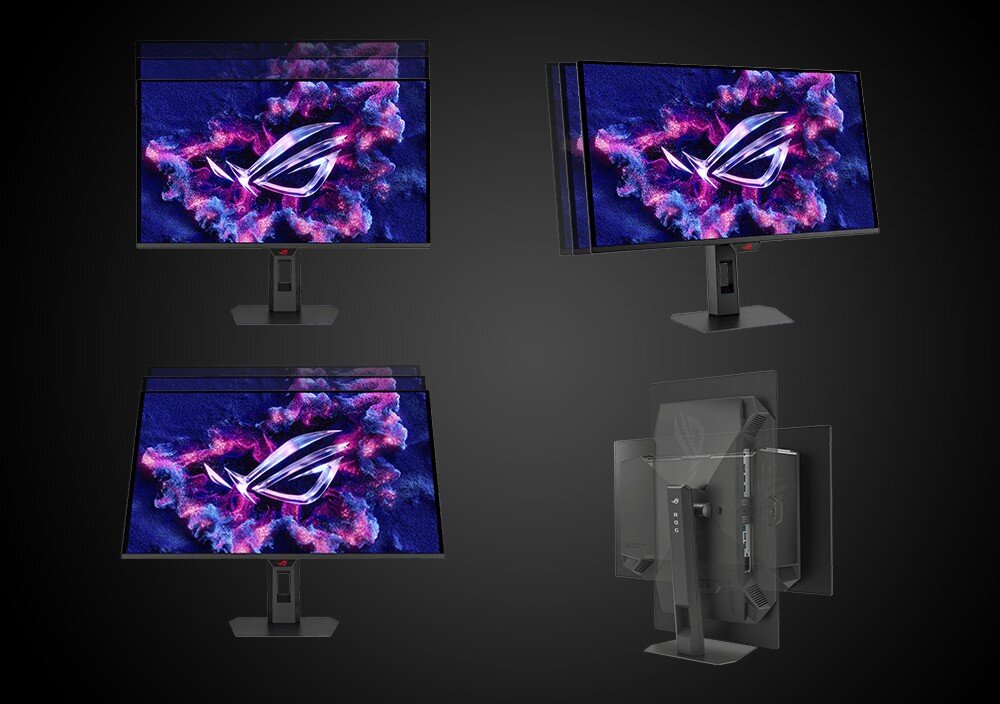 Monitor ASUS ROG Strix XG27AQDNG Grafika z czterema rzutami monitora pokazującymi możliwości regulacji ekranu, ergonomia, regulacja, mocowanie VESA