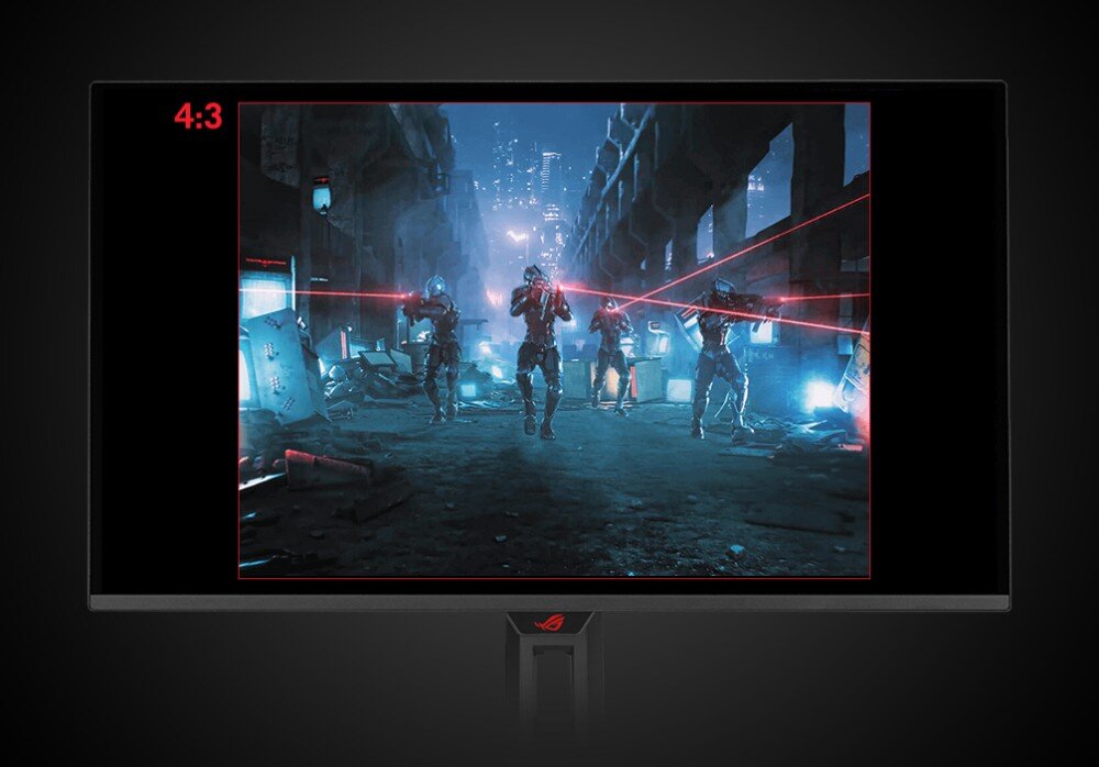 Monitor ASUS ROG Strix XG27AQDNG Monitor wyświetla scenę z gry z postaciami celującymi z broni laserowej, przy czym obraz ma proporcje cztery do trzech i jest otoczony czarnymi pasami po bokach, a w lewym górnym rogu widnieje czerwony napis '4:3', tryby obrazu, przełączanie