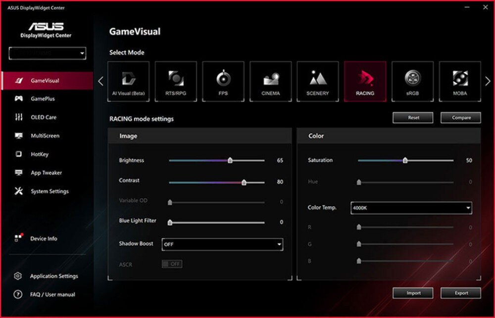 Monitor ASUS ROG Strix XG27AQDNG Zrzut ekranu z aplikacji ASUS DisplayWidget Center pokazuje panel sterowania GameVisual z suwakami do regulacji jasności i kontrastu oraz kafelkami wyboru trybów obrazu, aplikacja, oprogramowanie, obsługa